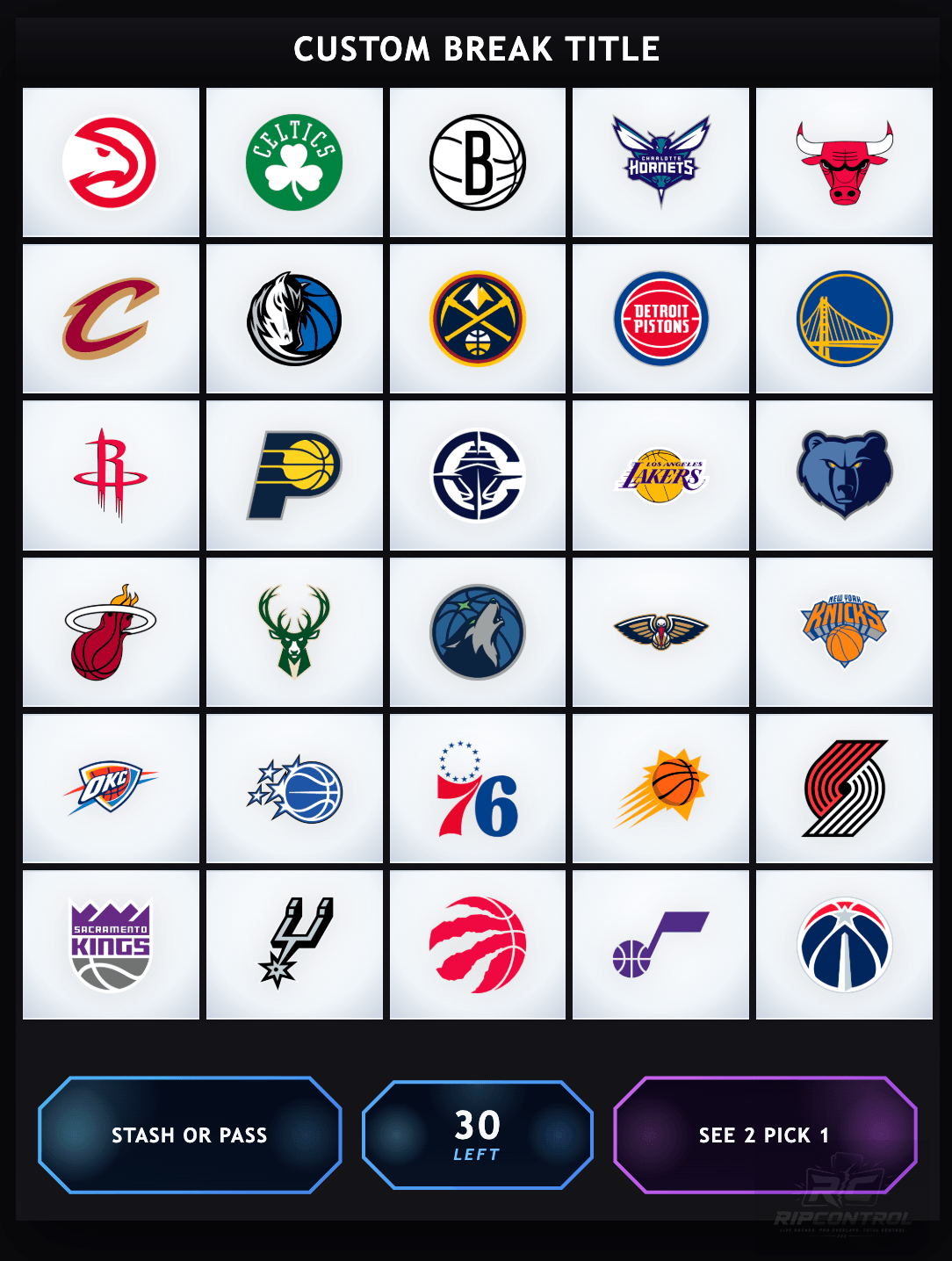RipControl classic break board overlay showing full team grid with sold and available states